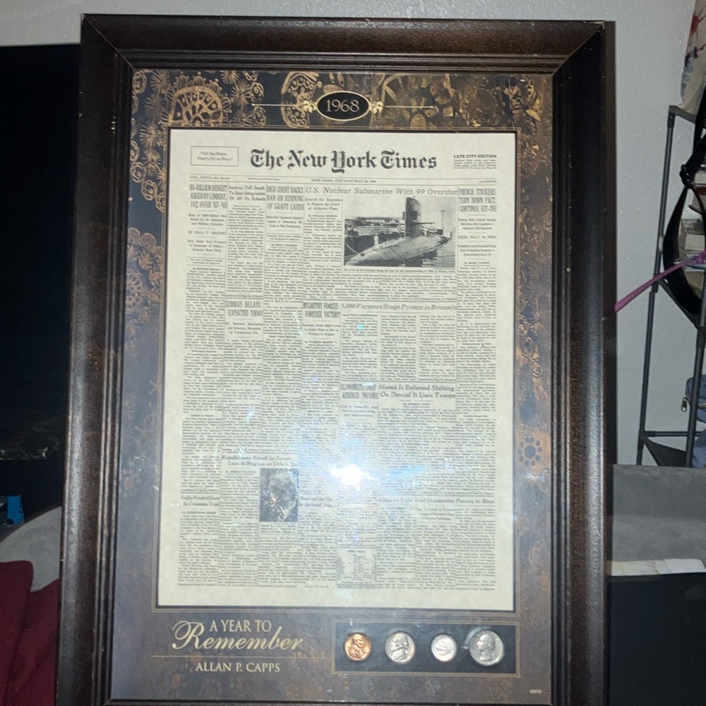 Framed 1968 New York Times Newspaper with Coins with certificate